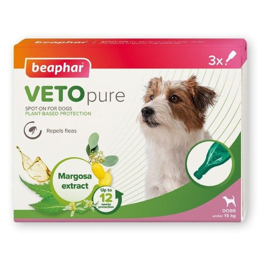 Beaphar VETOpure Plant-Based Protection Flea Spot-On for Dogs under 15 kg 3 Pipettes - Pack of 6