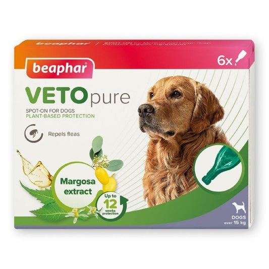 Beaphar VETOpure Plant-Based Protection Flea Spot-On for Dogs over 15 kg 6 Pipettes - Pack of 6